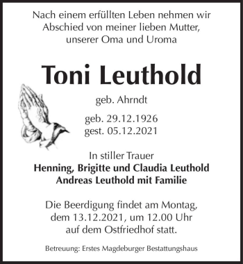 Traueranzeige von Toni Leuthold (geb. Ahrndt)  von Magdeburger Volksstimme