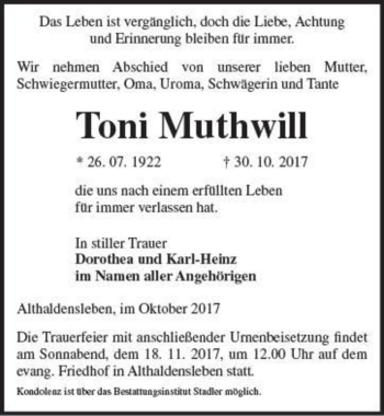 Traueranzeige von Toni Muthwill  von Magdeburger Volksstimme