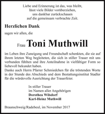 Traueranzeige von Toni Muthwill  von Magdeburger Volksstimme