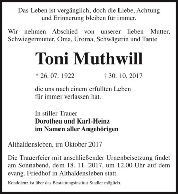 Traueranzeige von Toni Muthwill  von Magdeburger Volksstimme
