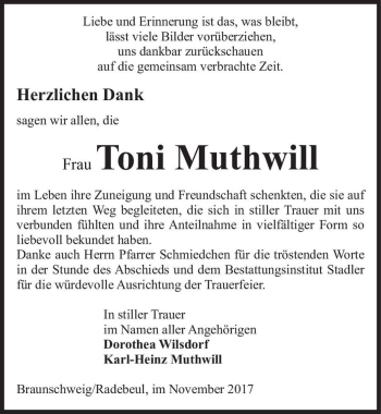Traueranzeige von Toni Muthwill  von Magdeburger Volksstimme