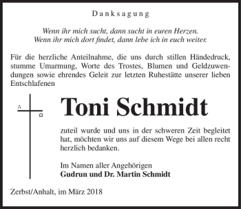 Traueranzeige von Toni Schmidt  von Magdeburger Volksstimme