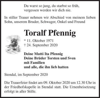 Traueranzeige von Toralf Pfennig  von Magdeburger Volksstimme