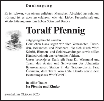 Traueranzeige von Toralf Pfennig  von Magdeburger Volksstimme