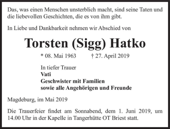 Traueranzeige von Torsten (Sigg) Hatko  von Magdeburger Volksstimme
