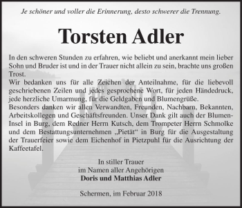 Traueranzeige von Torsten Adler  von Magdeburger Volksstimme