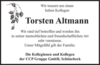 Traueranzeige von Torsten Altmann  von Magdeburger Volksstimme