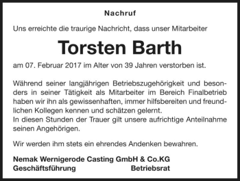 Traueranzeige von Torsten Barth  von Magdeburger Volksstimme