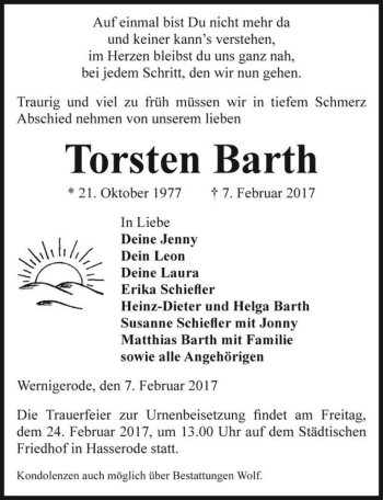 Traueranzeige von Torsten Barth  von Magdeburger Volksstimme