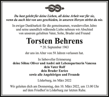 Traueranzeige von Torsten Behrens  von Magdeburger Volksstimme