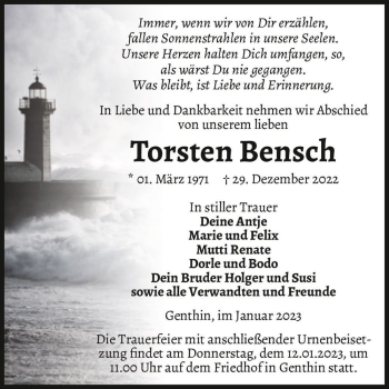 Traueranzeige von Torsten Bensch  von Magdeburger Volksstimme