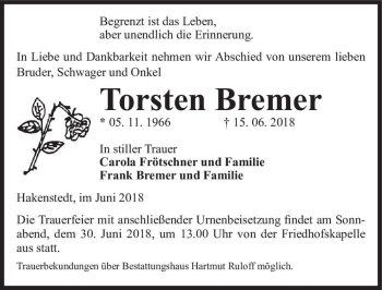 Traueranzeige von Torsten Bremer  von Magdeburger Volksstimme
