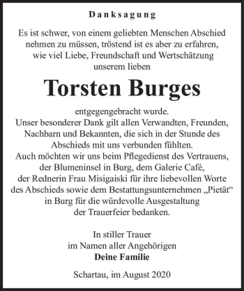 Traueranzeige von Torsten Burges  von Magdeburger Volksstimme