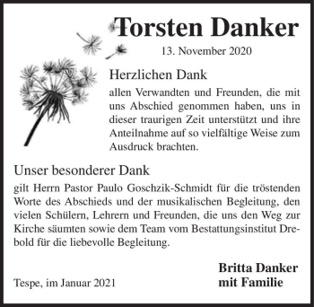 Traueranzeige von Torsten Danker  von Magdeburger Volksstimme