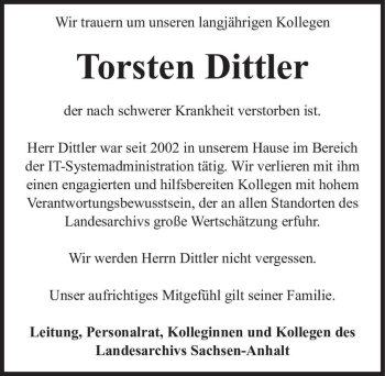Traueranzeige von Torsten Dittler  von Magdeburger Volksstimme