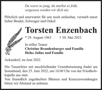 Traueranzeige von Torsten Enzenbach  von Magdeburger Volksstimme