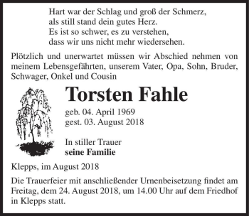 Traueranzeige von Torsten Fahle  von Magdeburger Volksstimme