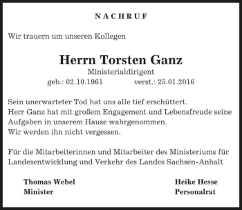 Traueranzeige von Torsten Ganz  von Magdeburger Volksstimme
