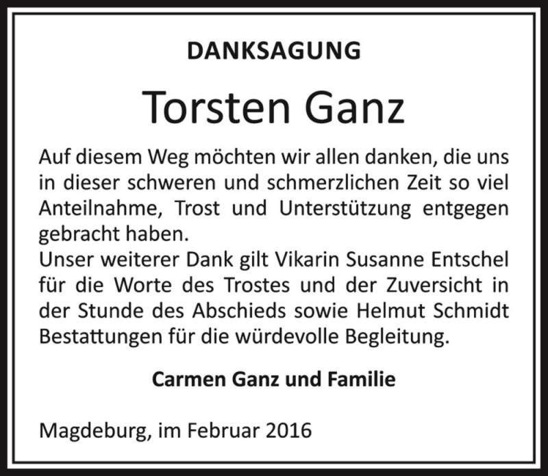  Traueranzeige für Torsten Ganz  vom 20.02.2016 aus Magdeburger Volksstimme
