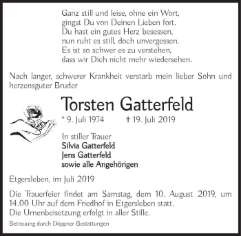 Traueranzeige von Torsten Gatterfelde  von Magdeburger Volksstimme