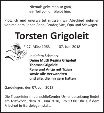 Traueranzeige von Torsten Grigoleit  von Magdeburger Volksstimme