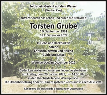 Traueranzeige von Torsten Grube  von Magdeburger Volksstimme