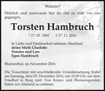 Traueranzeige von Torsten Hambruch  von Magdeburger Volksstimme