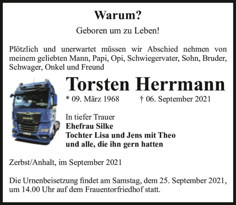  Traueranzeige für Torsten Herrmann  vom 11.09.2021 aus Magdeburger Volksstimme