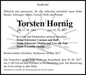 Traueranzeige von Torsten Hornig  von Magdeburger Volksstimme