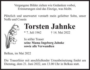 Traueranzeige von Torsten Jahnke  von Magdeburger Volksstimme
