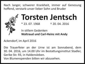 Traueranzeige von Torsten Jentsch  von Magdeburger Volksstimme