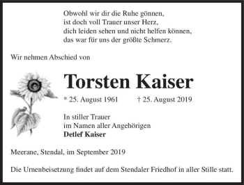 Traueranzeige von Torsten Kaiser  von Magdeburger Volksstimme