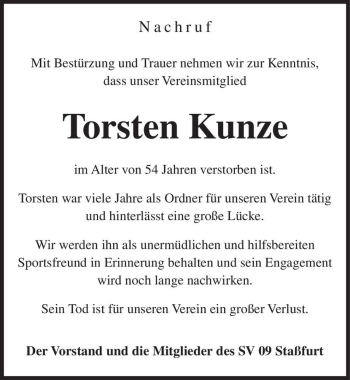 Traueranzeige von Torsten Kunze  von Magdeburger Volksstimme