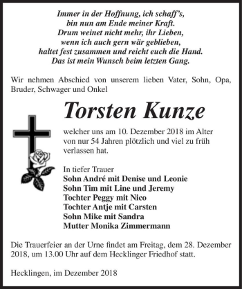 Traueranzeige von Torsten Kunze  von Magdeburger Volksstimme