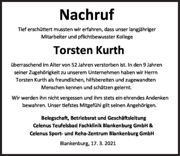 Traueranzeige von Torsten Kurth  von Magdeburger Volksstimme