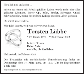 Traueranzeige von Torsten Lübbe  von Magdeburger Volksstimme