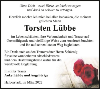 Traueranzeige von Torsten Lübbe  von Magdeburger Volksstimme