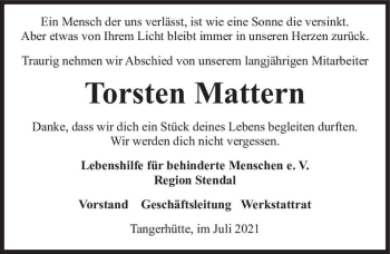 Traueranzeige von Torsten Mattern  von Magdeburger Volksstimme