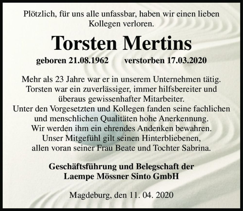  Traueranzeige für Torsten Mertins  vom 11.04.2020 aus Magdeburger Volksstimme