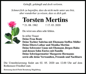 Traueranzeige von Torsten Mertins  von Magdeburger Volksstimme