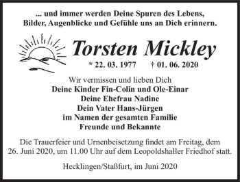 Traueranzeige von Torsten Mickley  von Magdeburger Volksstimme