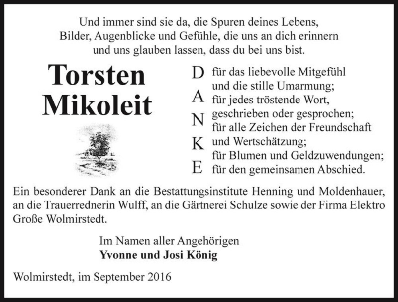  Traueranzeige für Torsten Mikoleit  vom 30.09.2016 aus Magdeburger Volksstimme