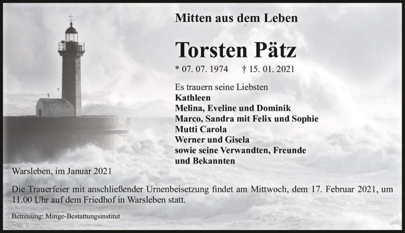  Traueranzeige für Torsten Pätz  vom 05.02.2021 aus Magdeburger Volksstimme