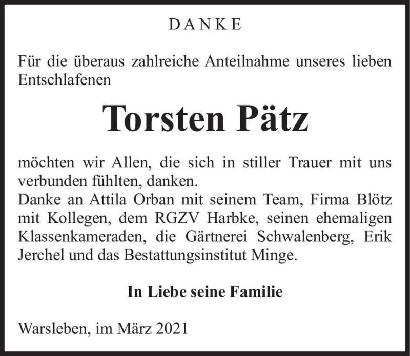  Traueranzeige für Torsten Pätz  vom 05.03.2021 aus Magdeburger Volksstimme