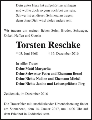 Traueranzeige von Torsten Reschke  von Magdeburger Volksstimme