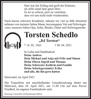 Traueranzeige von Torsten Schedlo 