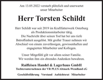 Traueranzeige von Torsten Schildt  von Magdeburger Volksstimme