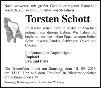 Traueranzeige von Torsten Schott  von Magdeburger Volksstimme