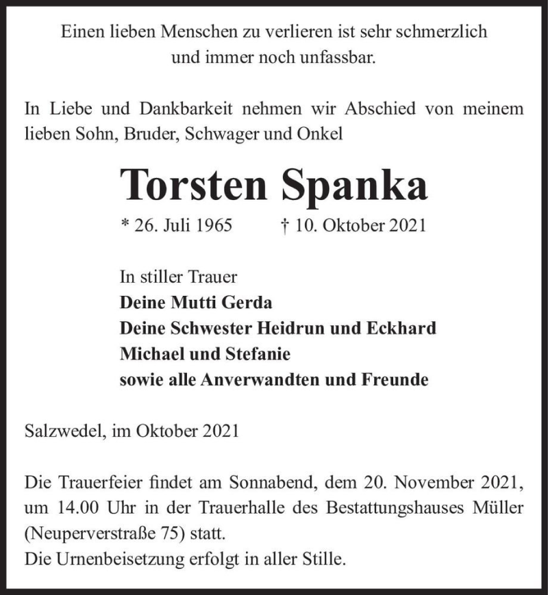  Traueranzeige für Torsten Spanka  vom 03.11.2021 aus Magdeburger Volksstimme