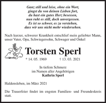 Traueranzeige von Torsten Sperl  von Magdeburger Volksstimme